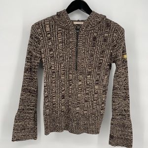 DKNY Cable-knit Sweater Brown & Cream Bell Sleeve‎ Bottom Quarter Zip Hoodie L